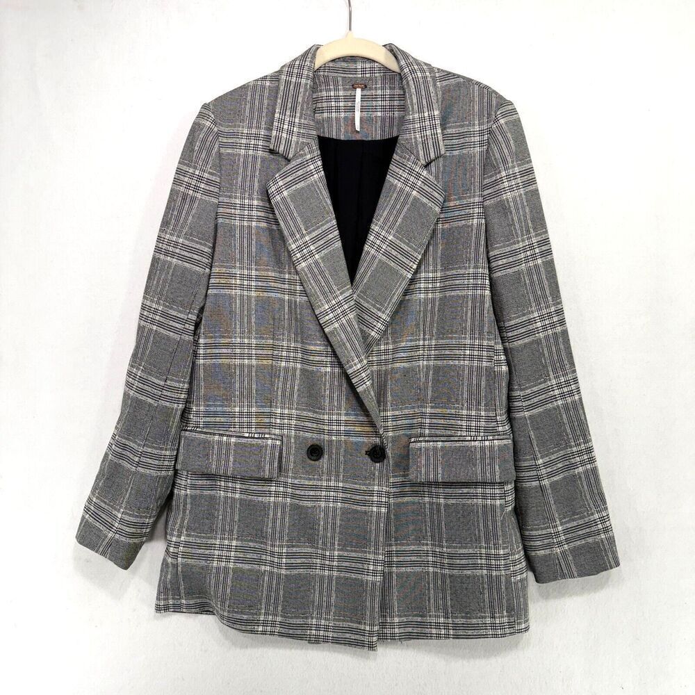 Free People Blazer Women S Black White Plaid Oversized Double Breasted Preppy